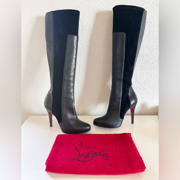 Christian Louboutin YSA Black Leather Suede Knee High Heeled Boots Size EU 38.5 - Picture 1 of 14